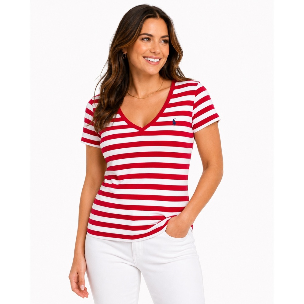 Ralph Lauren Sport Womens Red White Striped V-Neck T-Shirt XL NWT 280535472009‎